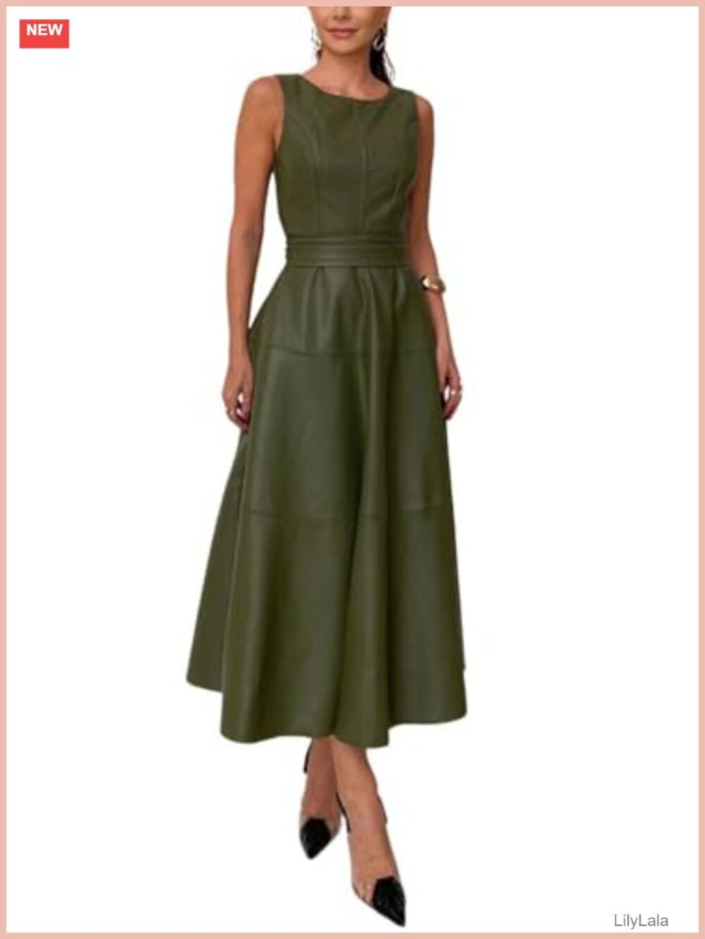 CHARTOU PU Faux Leather Sleeveless Flowy Long Dress with Belt
